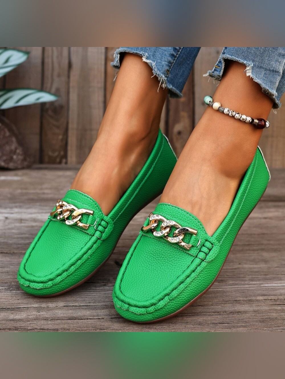 Green Women's Chain-Accent Flat Vegan Leather Loafers